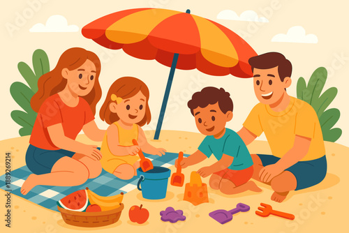 Family enjoys a sunny day at the beach building sandcastles with colorful toys and sharing snacks under an umbrella