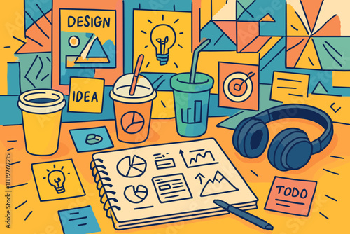 Creative workspace with design ideas and planning notes showing various concepts and tasks being organized