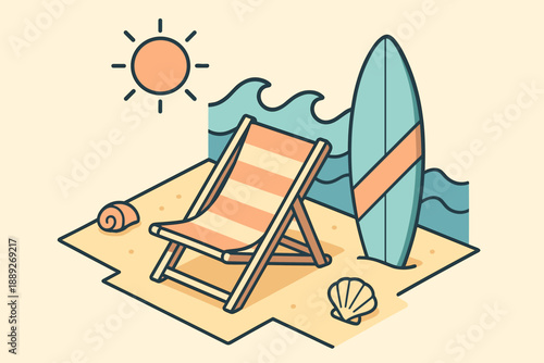 Relaxing on a beach with a deck chair, surfboard, shells, and sun in a warm setting by the water