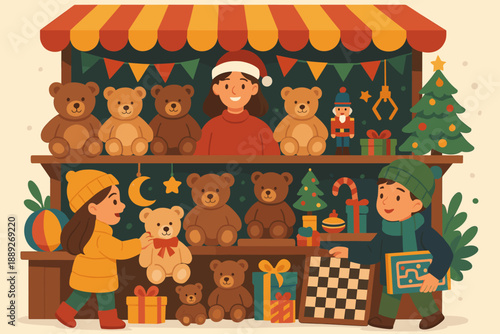 Children enjoy toy shopping at a festive market stall featuring teddy bears and holiday decorations during winter