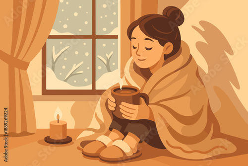 Woman sitting by window with hot drink while wrapped in blanket during winter indoors