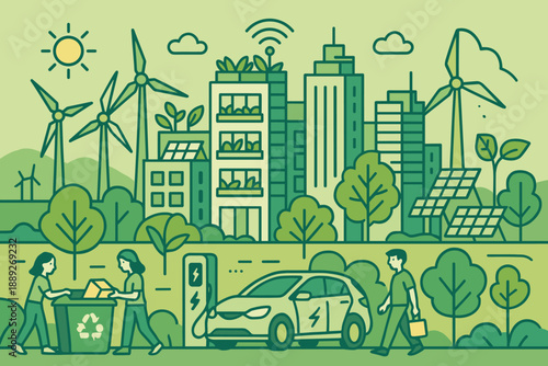 City with green buildings and renewable energy sources, featuring people recycling and walking in the community during daylight