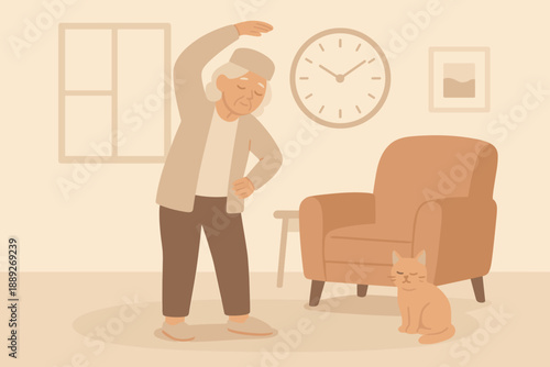 Elderly person stretches in living room while a cat sits nearby during morning hours