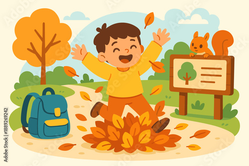 Child jumps in leaves near a sign while a squirrel watches in a park during autumn