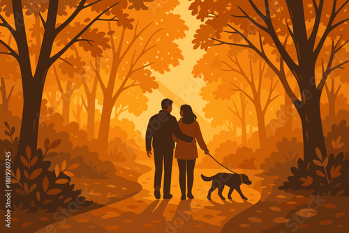 Couple walks with dog on path through trees during autumn afternoon in park with golden leaves