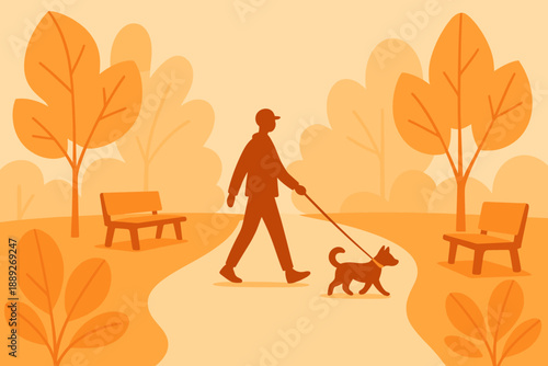 Person walks dog in park surrounded by trees during autumn evening