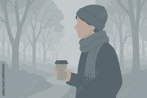 Person walks in a foggy forest holding a coffee cup during early morning in a quiet setting