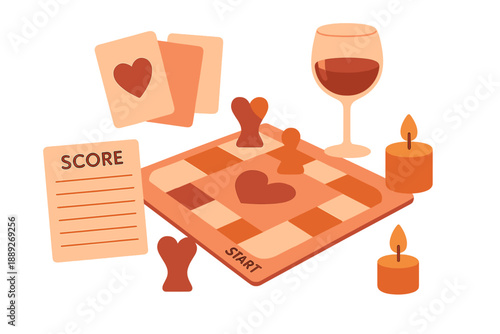 Board game setup with cards, wine, and candles for a fun evening indoors