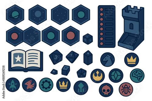 Various game tokens and pieces are arranged on a tabletop showing different shapes and designs for use in board games or tabletop play