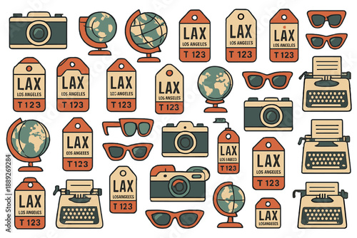 Travel items and symbols of Los Angeles at LAX airport with globes, cameras, tags, and sunglasses arranged in a simple pattern