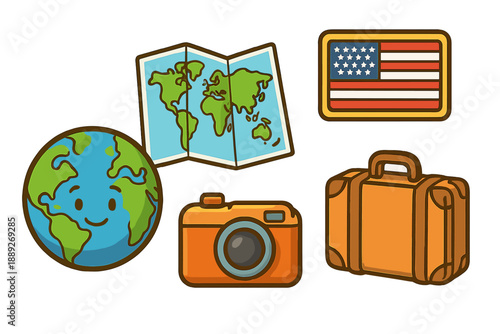 Travel items with a world map, camera, globe, American flag, and suitcase on a white background