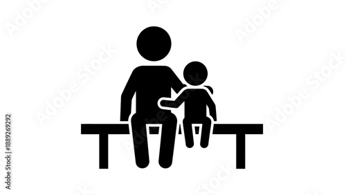 Simple black and white illustration of a man and child sitting together on a bench.