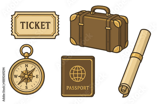 Travel items for planning a trip with a suitcase, ticket, passport, compass, and rolled map on a simple background