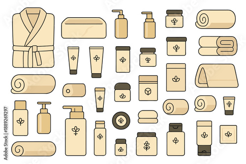 Various bath and spa products arranged in a neat layout on a white background