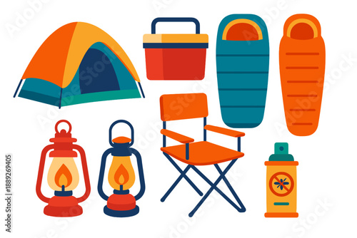 Camping gear includes tent, sleeping bags, cooler, chair, lanterns, and insect spray for outdoor adventures and trips