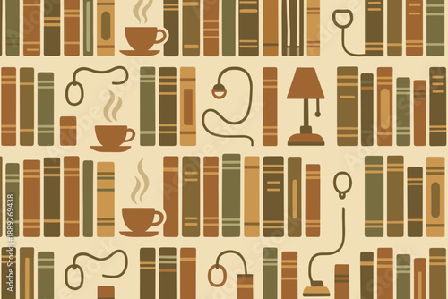 Pattern of books, coffee cups, and lamps on a beige background in a cozy reading setting