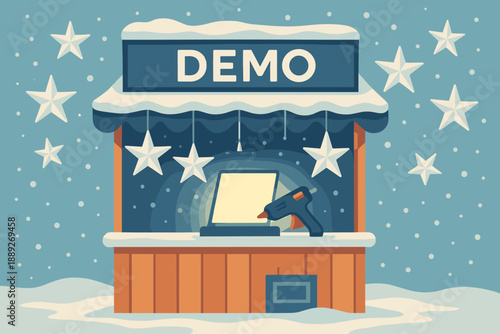 Crafting takes place at a demo booth with a display setup in a snowy environment during winter