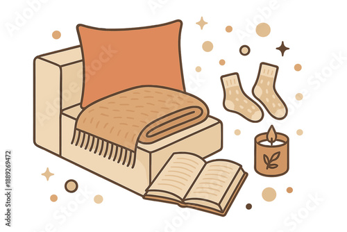 Cozy indoor space with a chair, blanket, open book, candle, and socks on the floor during nighttime