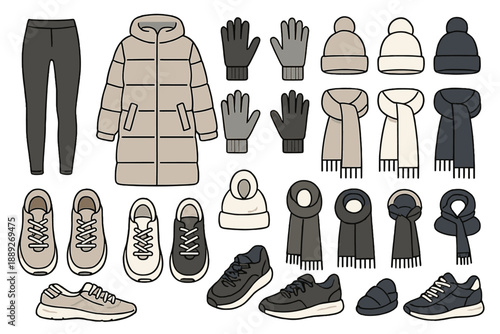 Different types of winter clothing including jackets, gloves, hats, and shoes displayed on a white background