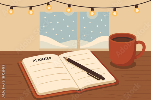 Cozy indoor scene with a planner, coffee cup, and a snowy window during winter time