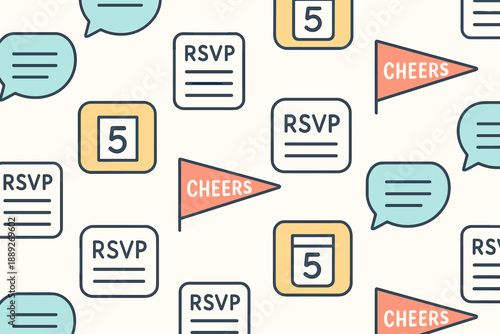RSVP invitations and cheers flags with speech bubbles on a light background for celebrating events