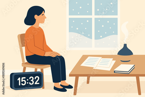 Person sits in room with clock showing time and window displaying snow on winter day