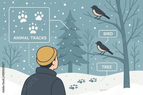 Person observes animal tracks and birds in a snowy landscape during winter in a forested area