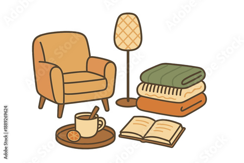 Cozy living room setup with a chair, blankets, lamp, drink, and a book on a tray during afternoon indoors