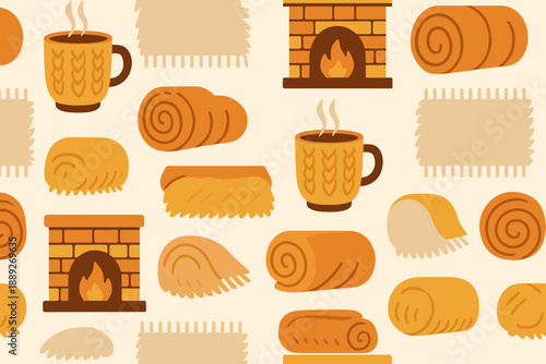 Warm drink and cozy items fill a pattern with blankets and a fireplace for a comfortable setting in a home space