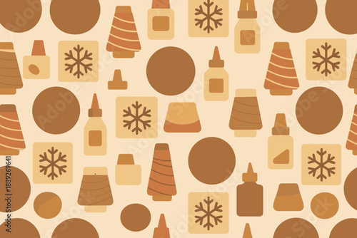 Pattern of craft supplies and winter shapes on a light background showing trees, circles, and glue bottles in a playful design