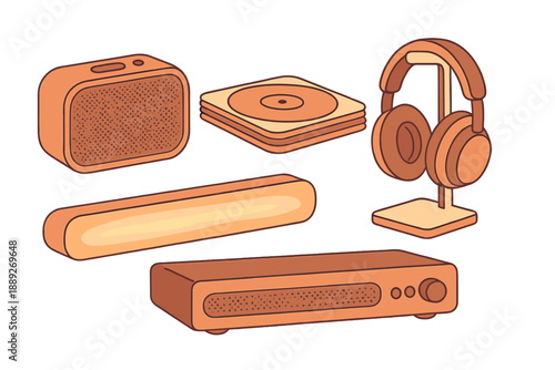 Different types of music devices shown in a simple design including speakers, headphones, and a turntable