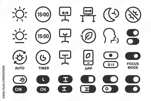Icons representing different functions and settings for technology use at various times of day