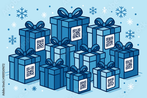 Gifts wrapped in blue boxes with bows and QR codes on a light blue background with snowflakes for a winter holiday theme