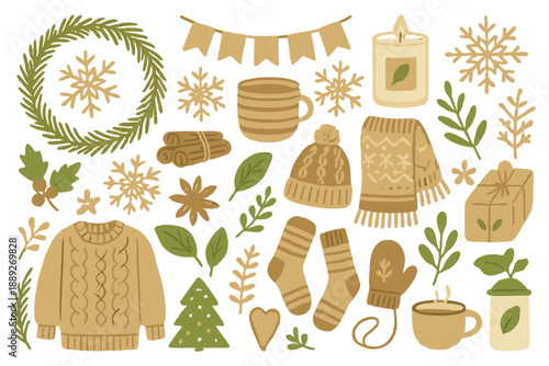 Seasonal collection of warm items and decorations for a cozy indoor setting in autumn or winter