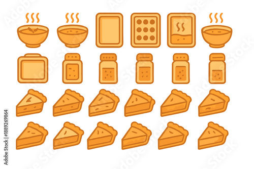 Visual representation of various food items including bowls, containers, and slices of pie arranged in a grid pattern