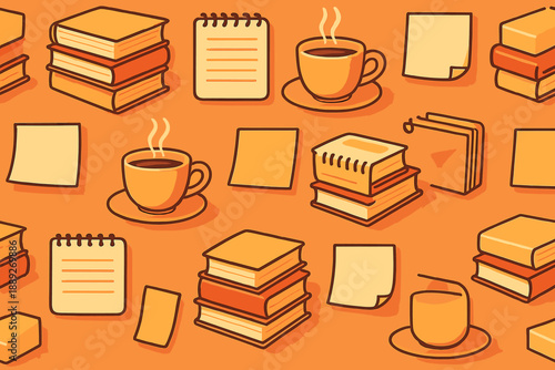 Background pattern shows books, cups, and notes in a warm color scheme with hints of productivity and study