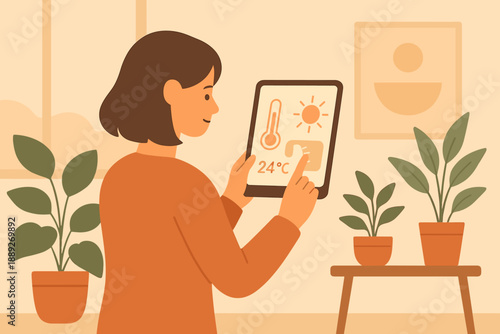 Person checks temperature on tablet while sitting in a room with plants in the background and sunlight streaming through the window
