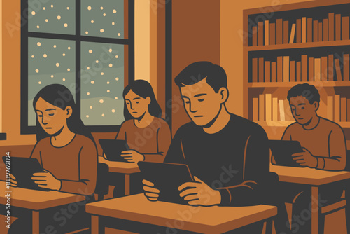 Students engage with tablets in a classroom during winter with snow falling outside a window late in the afternoon