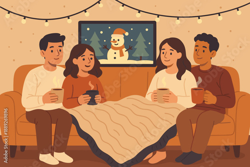 Friends spend time together indoors while enjoying hot drinks and watching snow outside on a winter evening