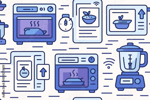 Kitchen appliances and cooking tools are shown in a pattern design with various items and icons related to food preparation and cooking