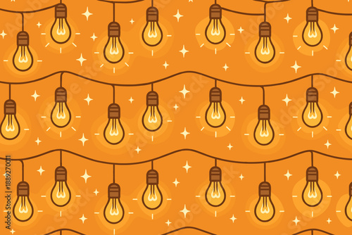 String lights hang across an orange background bringing brightness to the setting during an evening gathering