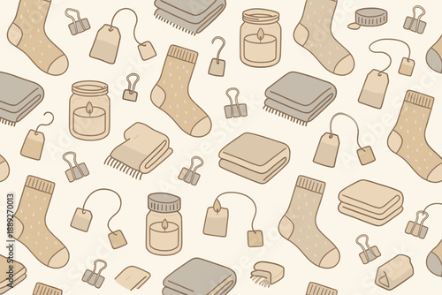 Pattern of cozy items like socks, candles, and blankets scattered on a light background
