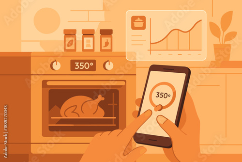 Cooking chicken in the oven using a smartphone with a display showing temperature and cooking progress