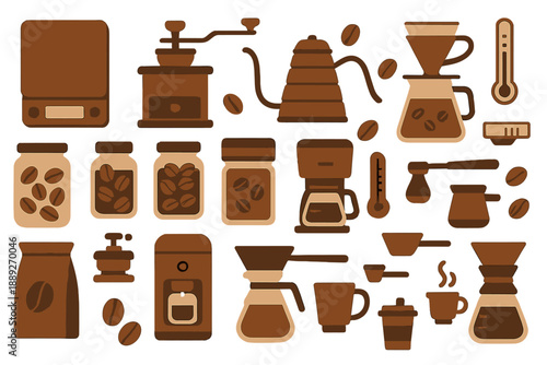 Coffee preparation tools are arranged on a white background showing various equipment for brewing coffee at home or in a cafe