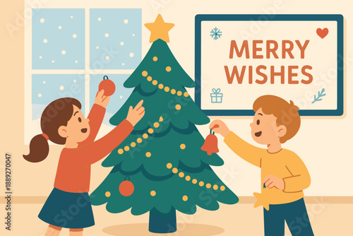 Children decorate a Christmas tree at home during the holiday season while enjoying festive activities together