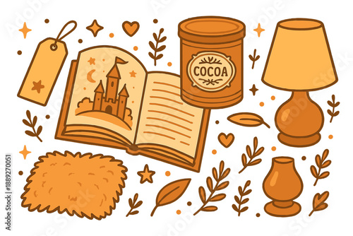 Cozy evening scene with an open book, cocoa, lamp, and decorative elements on a table