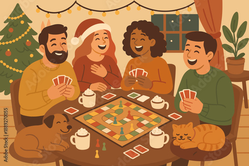 Friends enjoy playing board games during a winter gathering in a cozy living room with decorations and pets nearby