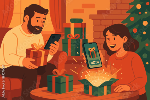 Couple enjoys gift exchange while checking their phones during a festive celebration at home