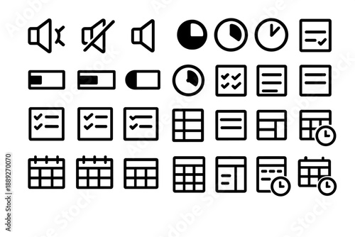 Icons for sound settings, time management, and task organization displayed on a plain background