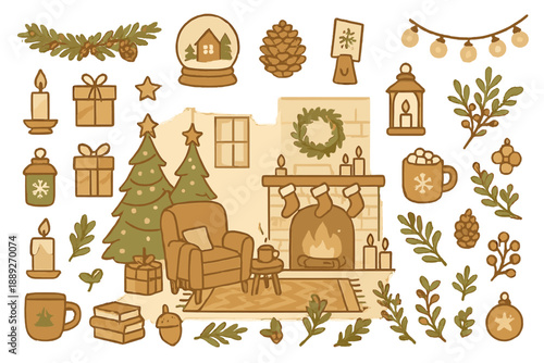 Decorative elements for a holiday gathering in a cozy living room setting with a fireplace and Christmas decor
